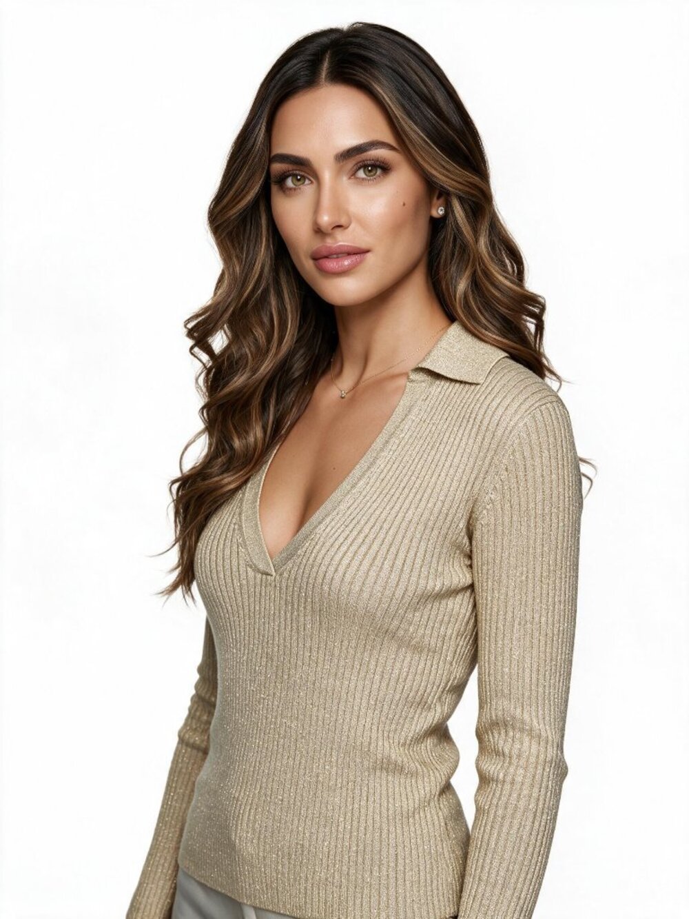Generation Love Stetch Metallic Shimmer Gold Ribbed Sweater, V-Neck, Collar, S
